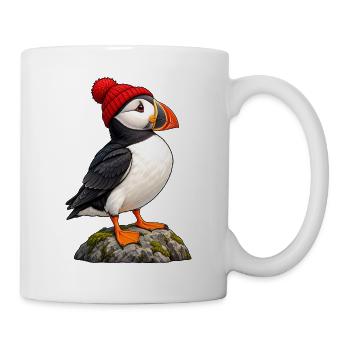 Papageitaucher mit roter Bobble-Mütze - Tasse - Weiß - Rechts