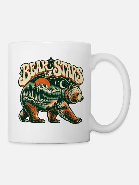 Bär unter Sternen – Berglandschaft Retro - Tasse - Weiß
