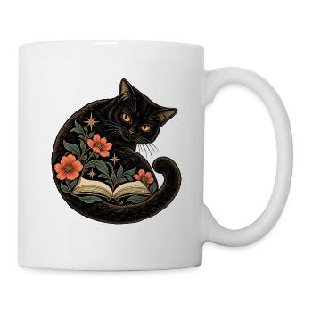 Schwarze Katze und Blütenbuch - Tasse - Weiß - Rechts