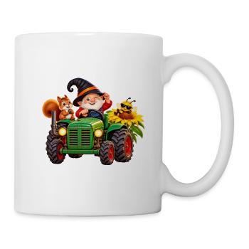 Fröhlicher Wichtel -Traktor im Gartenzauber - Tasse - Weiß - Rechts
