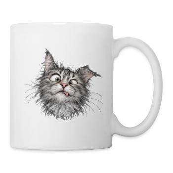 Lustige, zerzauste Katze mit skurrilen Augen und Zunge - Tasse - Weiß - Rechts