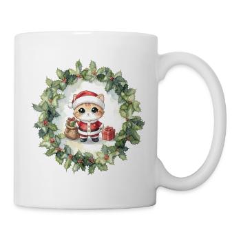 Kleiner Weihnachtskater im Kranz - Tasse - Weiß - Rechts