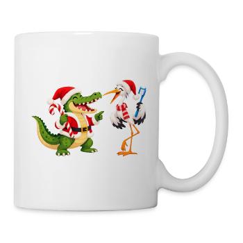 Weihnachtliches Krokodil mit Zahnbürste und Vogel - Tasse - Weiß - Rechts