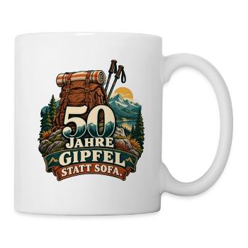Gipfel statt Sofa – 50 Jahre Trekking - Tasse - Weiß - Rechts