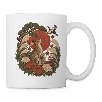 Japanische Hasefamilie & Red Sun – Vintage Wildtiere - Tasse - Weiß - Rechts