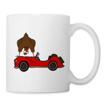 Verrücktes Huhn macht auf Auto Comic - Tasse - Weiß - Rechts