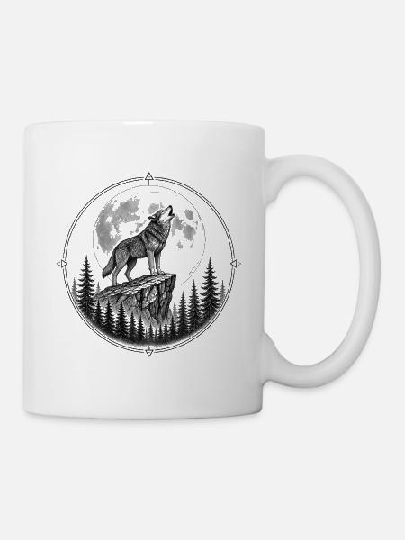 Wolf im Dunkelwald Emblem - Tasse - Weiß