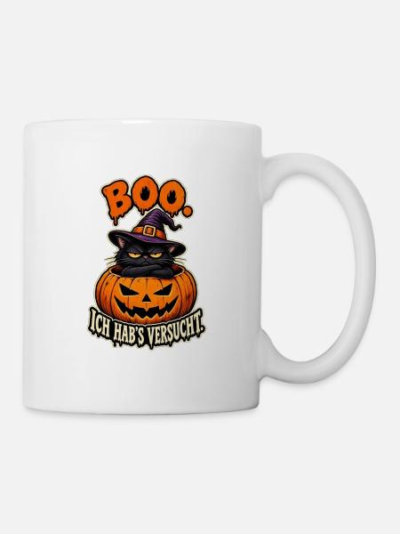 Boo Kürbiskatze mit Hexenhut - Tasse - Weiß