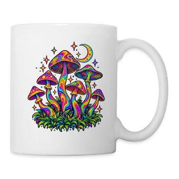 Bunte Pilze mit Mond und Sternen – Retro Design - Tasse - Weiß - Rechts
