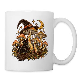 Vintage Hexenkatze mit Pilzen, Mond und Hexenhut - Tasse - Weiß - Rechts
