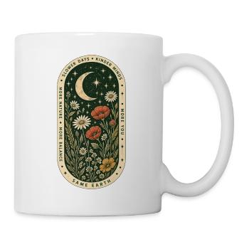 Slower Days, Kinder Minds – Mond & Wildblumen - Tasse - Weiß - Rechts