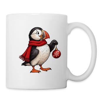 Weihnachts-Papageitaucher mit rotem Schal und Ornament - Tasse - Weiß - Rechts