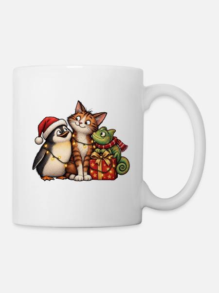Weihnachts-Pinguin-Katze und Chamäleon-Freunde - Tasse - Weiß