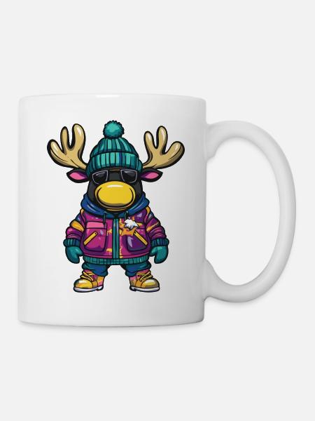 Elch mit Winterjacke und Sonnenbrille - Tasse - Weiß