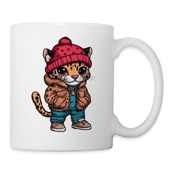 Leopard mit Winterjacke und Mütze - Tasse - Weiß - Rechts