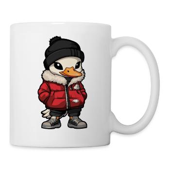 Ente mit roter Winterjacke und Mütze - Tasse - Weiß - Rechts