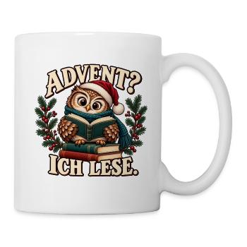 Advent? Ich lese. – Wintereule mit Büchern - Tasse - Weiß - Rechts