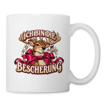 Ich bin die Bescherung – Rentier mit Schleife - Tasse - Weiß - Rechts