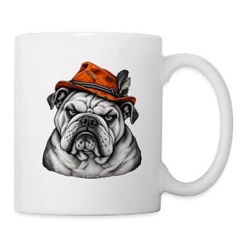 Bulldog im Orange Hut – Retro Flair - Tasse - Weiß - Rechts