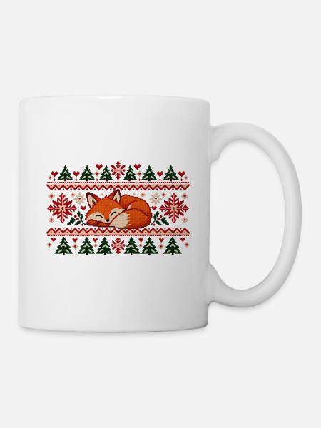 Schlafender Fuchs im Winterstrick - Tasse - Weiß