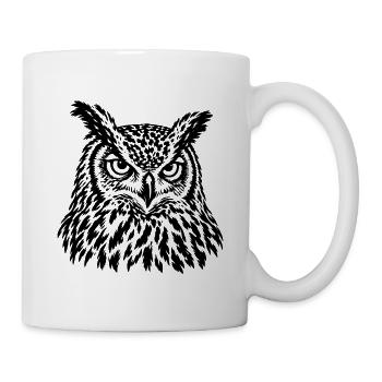 Uhu – Majestätisches Schwarz Weiß Eulenporträt - Tasse - Weiß - Rechts