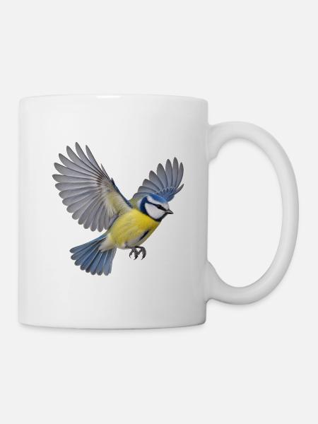 Blaumeise im Flug – blaugelbes Gartenvogelmotiv - Tasse - Weiß