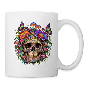 Blumige psychedelische Totenschädelpilze und Schmetterlinge - Tasse - Weiß - Rechts