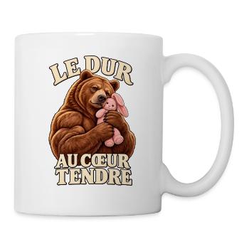 Der harte Kerl, weichherzig – Teddybär und Hase - Tasse - Weiß - Rechts