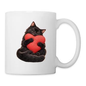Schwarze Katze mit Herzkissen – Liebe auf Pfoten - Tasse - Weiß - Rechts