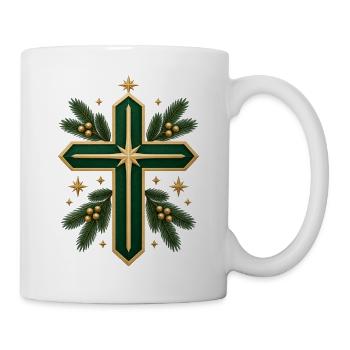 Weihnachtskreuz mit Goldrand und Tannengrün - Tasse - Weiß - Rechts