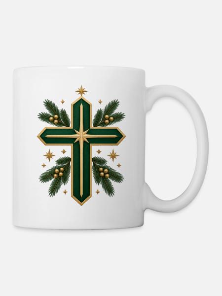 Weihnachtskreuz mit Goldrand und Tannengrün - Tasse - Weiß