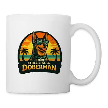 Dobermann mit Sonnenbrille am Strand im Retrolook - Tasse - Weiß - Rechts