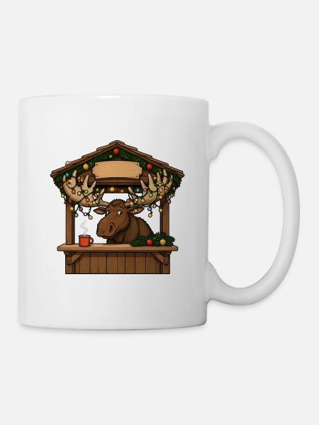 Elch Weihnachtsmarkt Lichterkette Comic T-Shirt - Tasse - Weiß