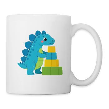 Blauer Comic Dinosaurier Bauklötze Kinder T-Shirt - Tasse - Weiß - Rechts