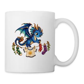 Blauer Drache hängt bunte Wäsche auf - Tasse - Weiß - Rechts