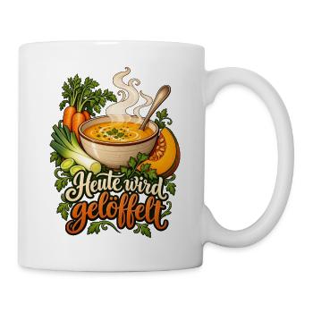 Suppen Shirt mit Kürbi -Spruch Heute wird gelöfflt - Tasse - Weiß - Rechts