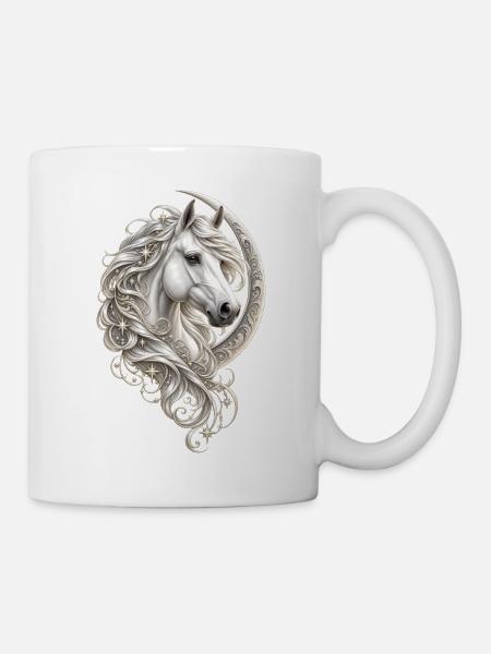 Himmlisches Weißpferd – Halbmond und Stern - Tasse - Weiß