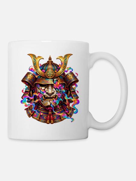 Japanische Samurai-Maske – Blumen und Flammen - Tasse - Weiß