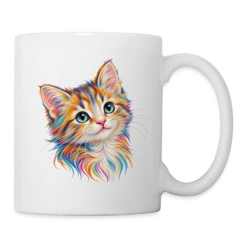 Mehrfarbiges Kätzchen mit blauen Augen – Porträt - Tasse - Weiß - Rechts