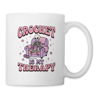Gemütlicher Skelett häkelt im rosa Sessel - Tasse - Weiß - Rechts