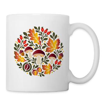 Herbstmotiv mit Pilzen und Hagebutten - Tasse - Weiß - Rechts