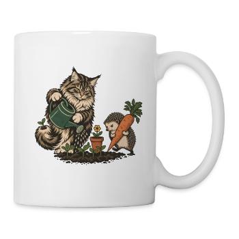 Maine Coon und Igel beim Gärtnern - Tasse - Weiß - Rechts