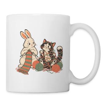 Kaninchen und Katze beim Stricken - Tasse - Weiß - Rechts