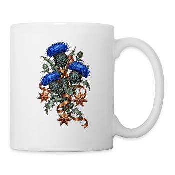 Blaue Disteln mit kupfernen Weihnachtssternen - Tasse - Weiß - Rechts