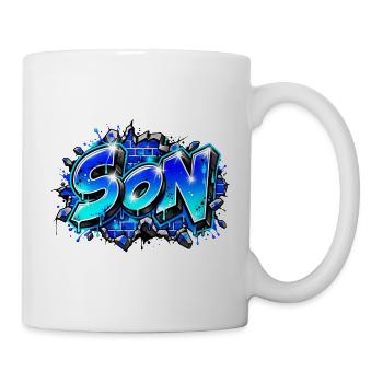 SOHN Schlägt die Wand ein! Blaues Graffiti-Namengeschenk - Tasse - Weiß - Rechts