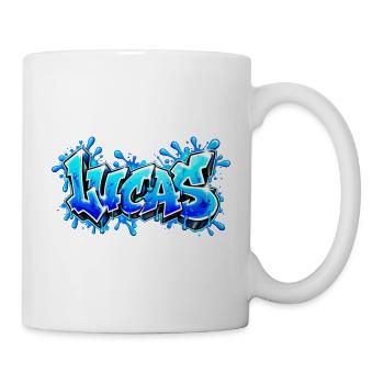 LUCAS explodiert in Neonblau! Epischer Graffiti-Name - Tasse - Weiß - Rechts