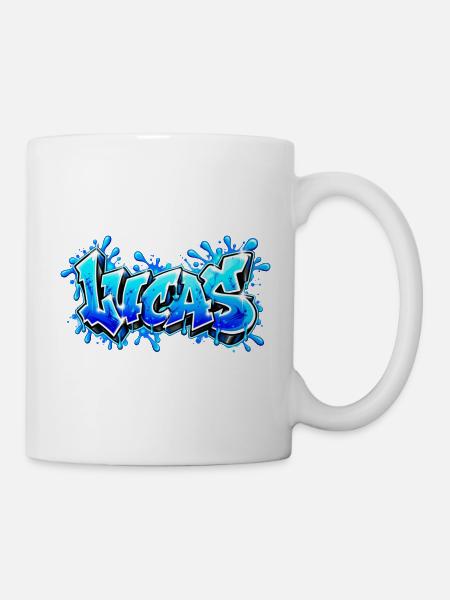LUCAS explodiert in Neonblau! Epischer Graffiti-Name - Tasse - Weiß