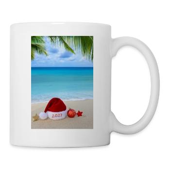 Neujahrsreise-Hintergrund 2027 mit rotem Weihnachtsmannhut - Tasse - Weiß - Rechts