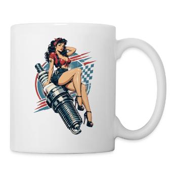 Vintage Hot Rod Pin-Up: Mechanikerin auf Zündkerze - Tasse - Weiß - Rechts
