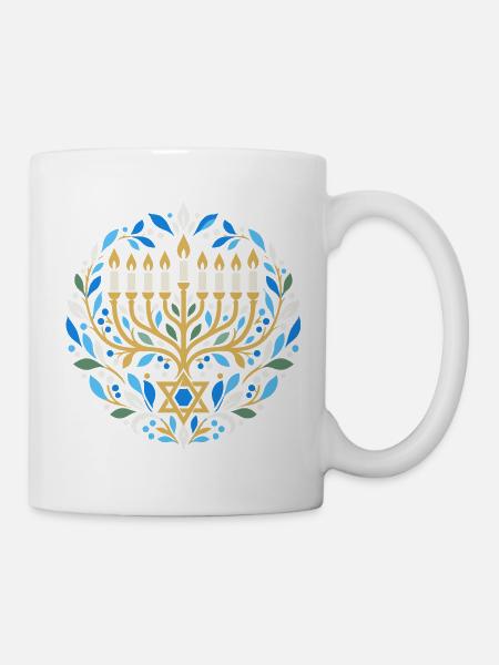 Chanukka-Motiv mit Chanukkia und Davidstern - Tasse - Weiß